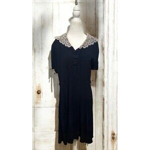 Vtg 1940s Tea Dress Chiffon Navy Blue Crochet Lace Collar With Overcoat L/XL 40s